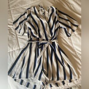 White, black, and blue striped Romper